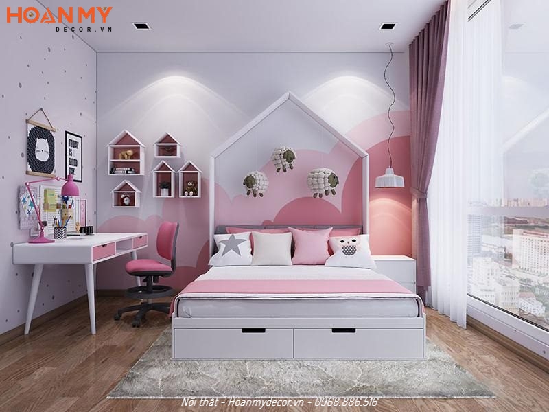 Giường ngủ tone màu hồng hiện đại pha lẫn màu trắng