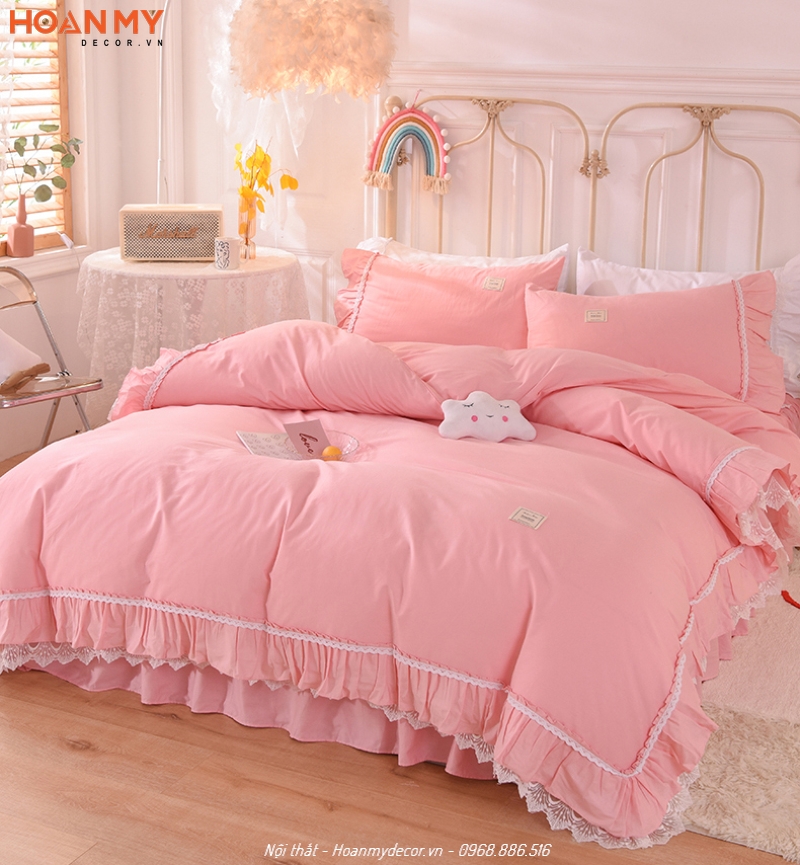 Giường ngủ màu hồng trắng ấn tượng