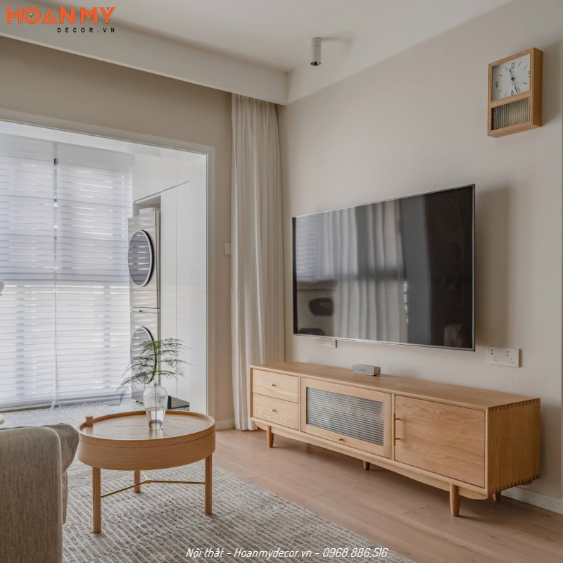 Thi công kệ tivi gỗ Sồi đẹp hiện đại cho phòng khách chung cư