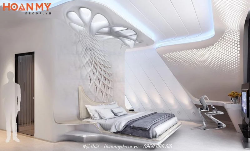 Phòng ngủ màu trắng vô cùng thoải mái và tiện nghi, ấn tượng cho gia chủ đam mê công nghệ
