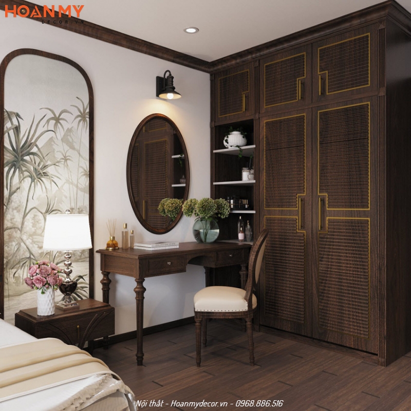 Kết hợp tủ quần áo gỗ Sồi với bàn trang điểm đẹp theo phong cách Đông Dương