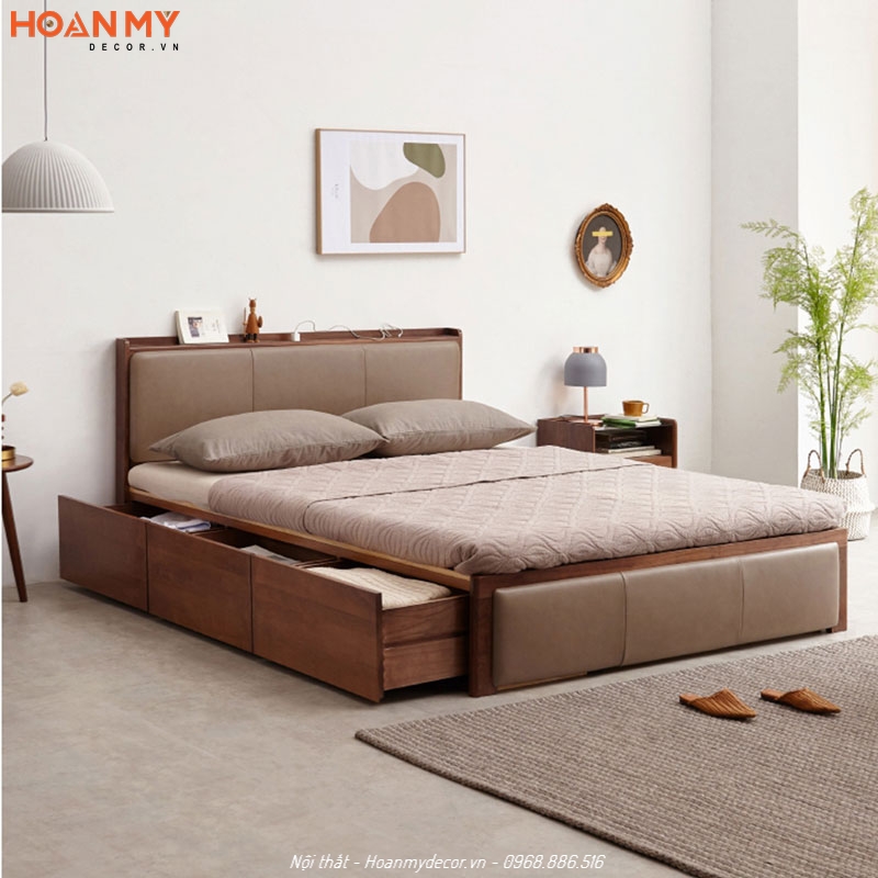 Giường bọc nệm có ngăn kéo chất liệu gỗ MDF lõi xanh chống ẩm Thái Lan