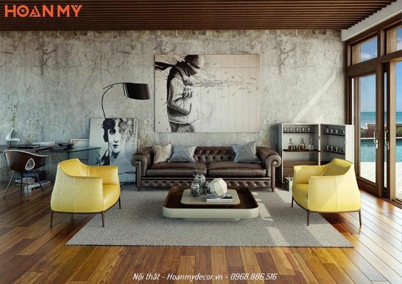 Bố trí ghế sofa đơn màu vàng tạo điểm nhấn cho không gian