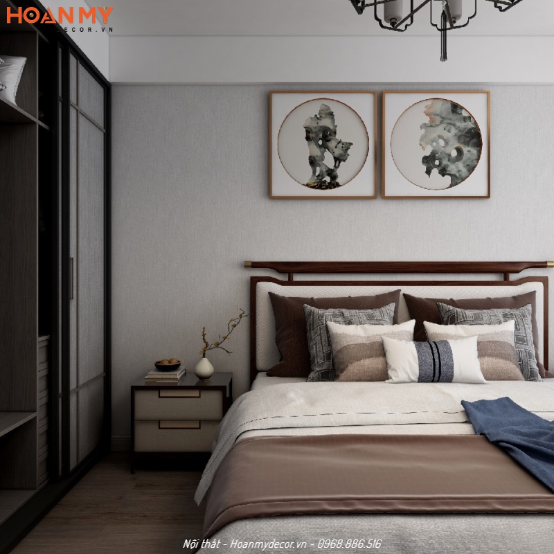 Phòng ngủ kiểu Trung Quốc gỗ công nghiệp kết hợp tủ áo ấm tường cánh trượt thời thượng