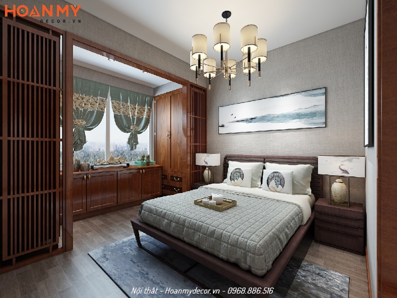 Bố trí nội thất phòng ngủ Trung Quốc bằng gỗ tự nhiên bền đẹp