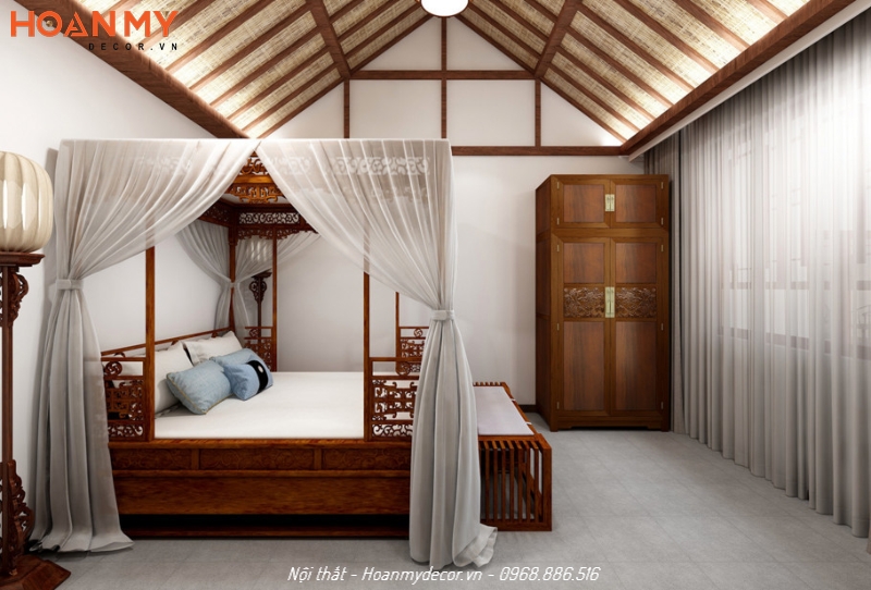 Phòng ngủ kiểu Trung Quốc sử dụng nội thất hoàn toàn bằng gỗ Sôi tự nhiên