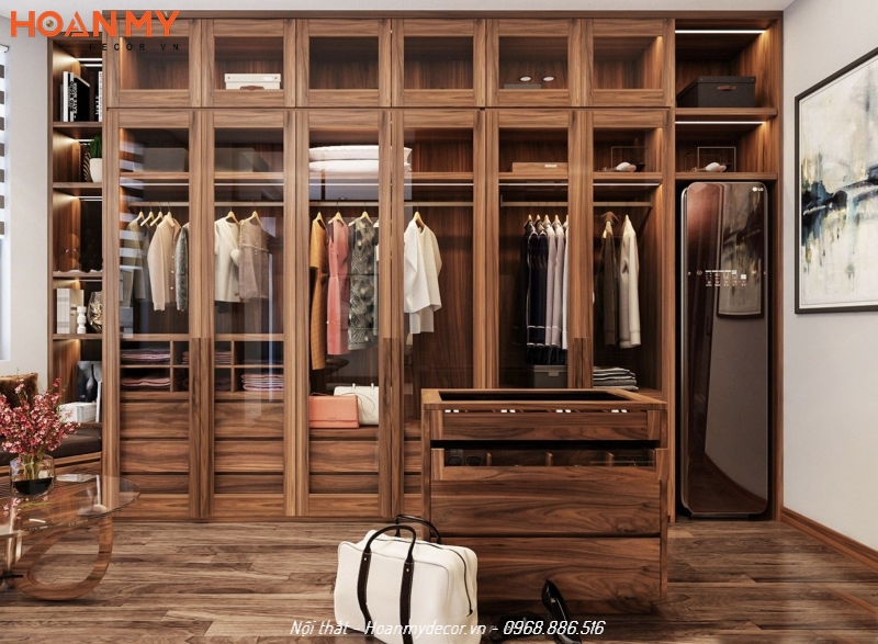 Tủ quần áo gỗ Óc Chó kết hợp cánh kính cường lực theo phong cách Luxury