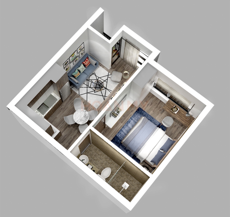 Mặt bằng căn hộ chung cư 45m2 1 phòng ngủ rộng rãi theo phong cạch hiện đại. Không gian phòng khách liền bếp thông thoáng