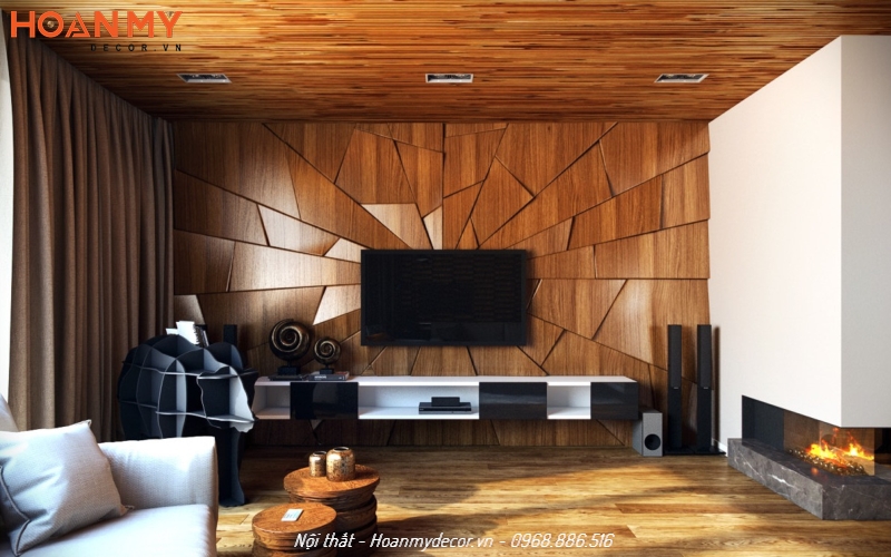 Trang trí vách tường phòng khách bằng gỗ tự nhiên