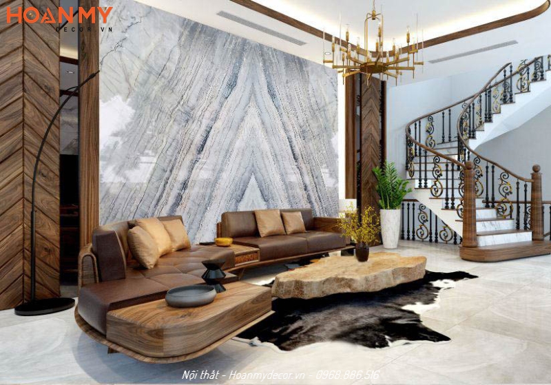 Trang trí vách ốp tường phòng khách bằng đá tự nhiên bóng gương thẩm mỹ