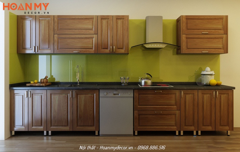 Tủ bếp gỗ Sồi Mỹ sơn màu tối kết hợp với chân inox dễ dàng vệ sinh