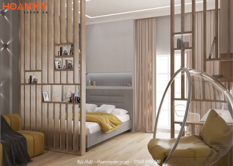 Vách gỗ công nghiệp màu sắc trẻ trung cho phòng ngủ hiện đại