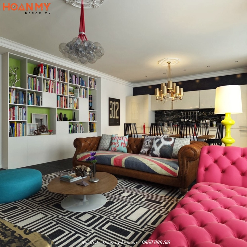 Không gian phòng khách Maverick hiện đại, ấn tượng với bộ sofa màu hồng