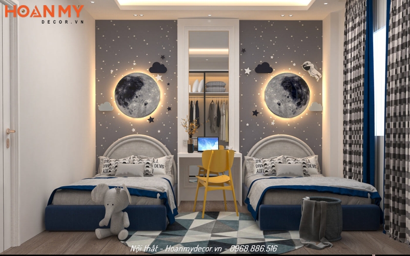 Decor phòng ngủ cho 2 bé trai với hoạ tiết vũ trụ