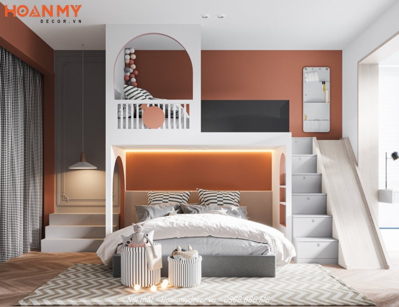 Mẫu thiết kế nội thất phòng ngủ đẹp cho 2 bé trai với giường tầng có cầu trượt