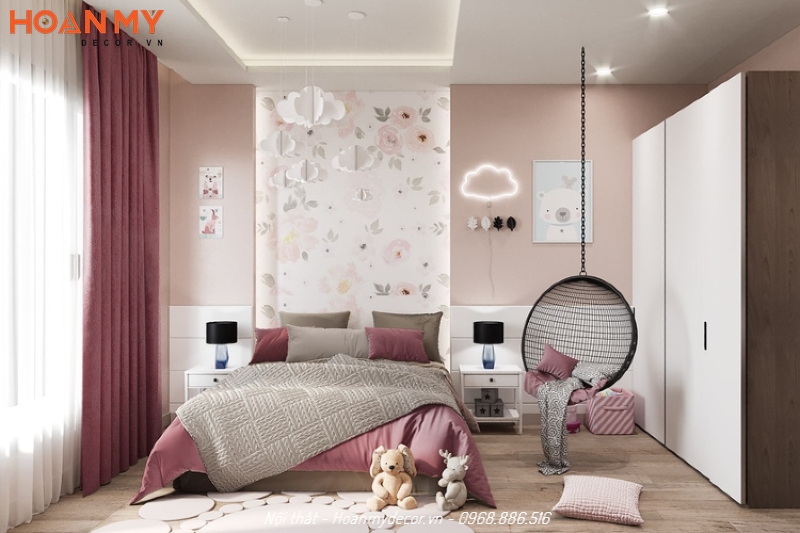 Phòng ngủ bé gái 18 tuổi màu hồng kết hợp gấu bông decor đẹp