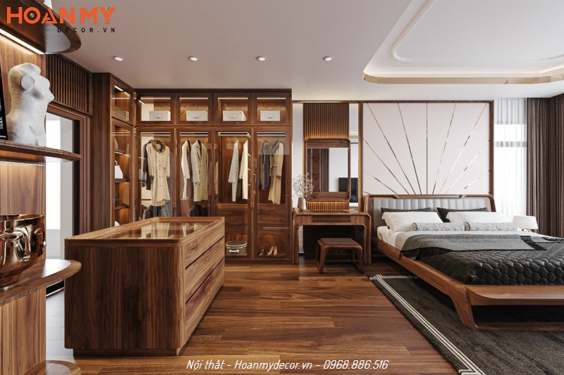 Phòng ngủ master sang trọng với tủ quần áo khung gỗ cánh kính decor sang trọng