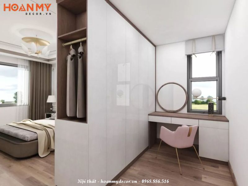 Thiết kế tủ quần áo 2 mặt ngăn phòng ngủ với phòng thay đồ gỗ công nghiệp cánh phủ acrylic bóng gương màu trắng sang trọng