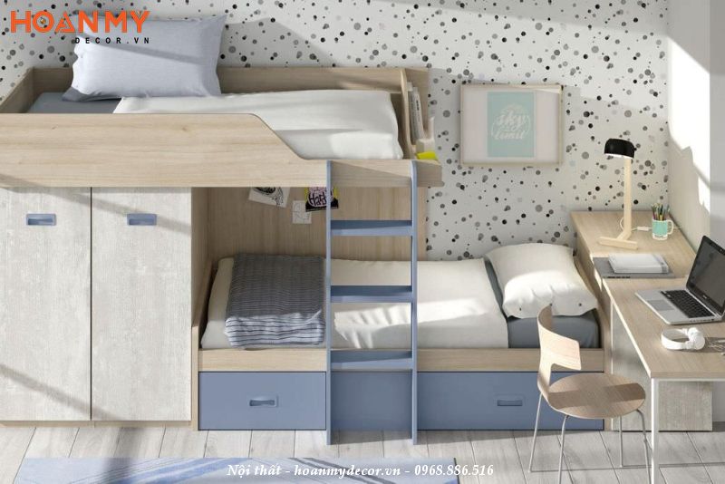 Bộ giường tầng có bàn học đẹp cho bé gỗ HDF chịu lực chắc chắn