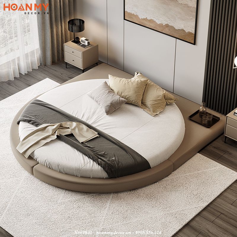 Bố trí giường ngủ hình tròn không có chân sang trọng gỗ tự nhiên