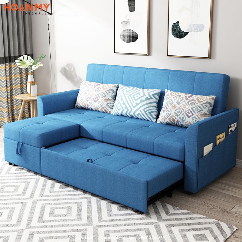 Mẫu giường ngủ thông minh kết hợp với sofa màu xanh bọc nỉ