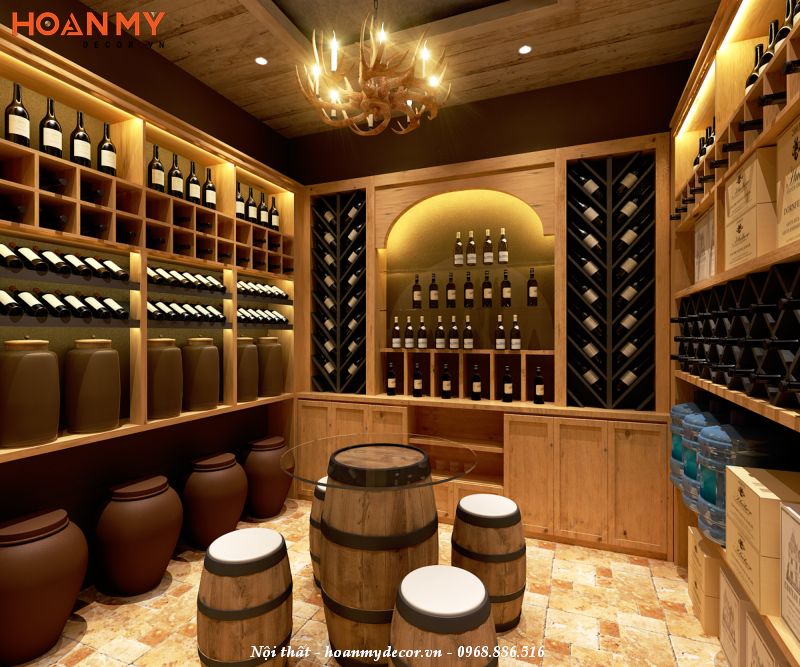 Hầm rượu được thiết kế với ánh sáng đặc biệt để làm nổi bật các chai rượu