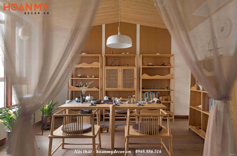 Thiết kế phòng trà truyền thống với nội thất gỗ tự nhiên