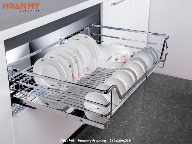 Phụ kiện tủ bếp của Eurogold sử dụng hệ thống ray giảm chấn chịu lực tốt
