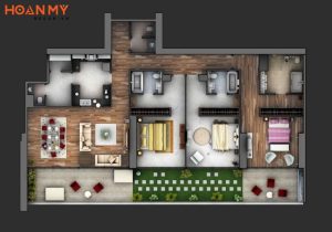 Mặt bằng căn hộ theo phong cách Scandinavian: Thiết kế với sự kết hợp giữa màu trắng và tông màu gỗ. Phòng khách với không gian mở, kết hợp với khu vực ăn uống và tiếp khách. 3 phòng ngủ được trang trí với nội thất đơn giản, sử dụng tông màu pastel nhẹ nhàng.