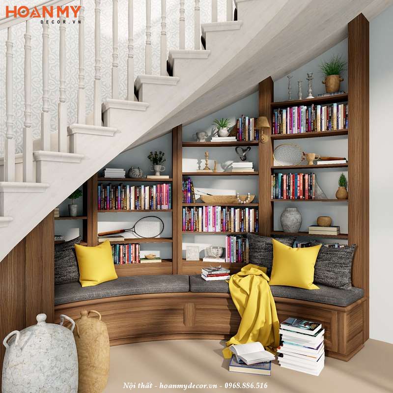 Thiết kế tủ sách dưới gầm cầu thang xoắn có ghế đọc sách