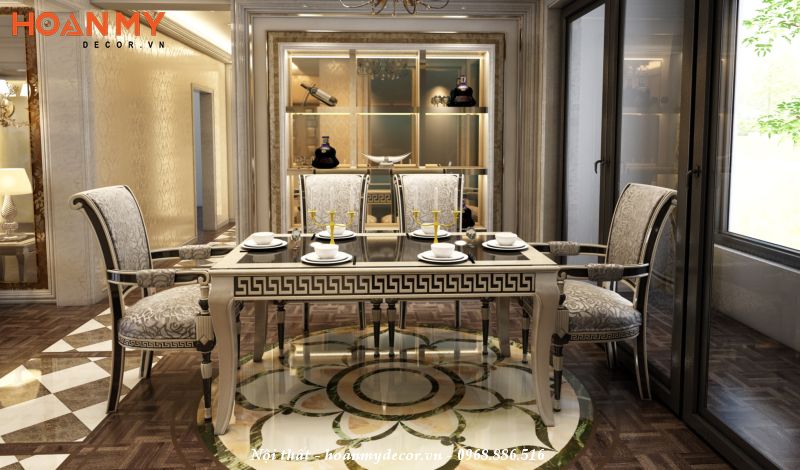 Thiết kế nội thất phòng ăn phong cách tân cổ điển gỗ tự nhiên với hoa văn tinh tế