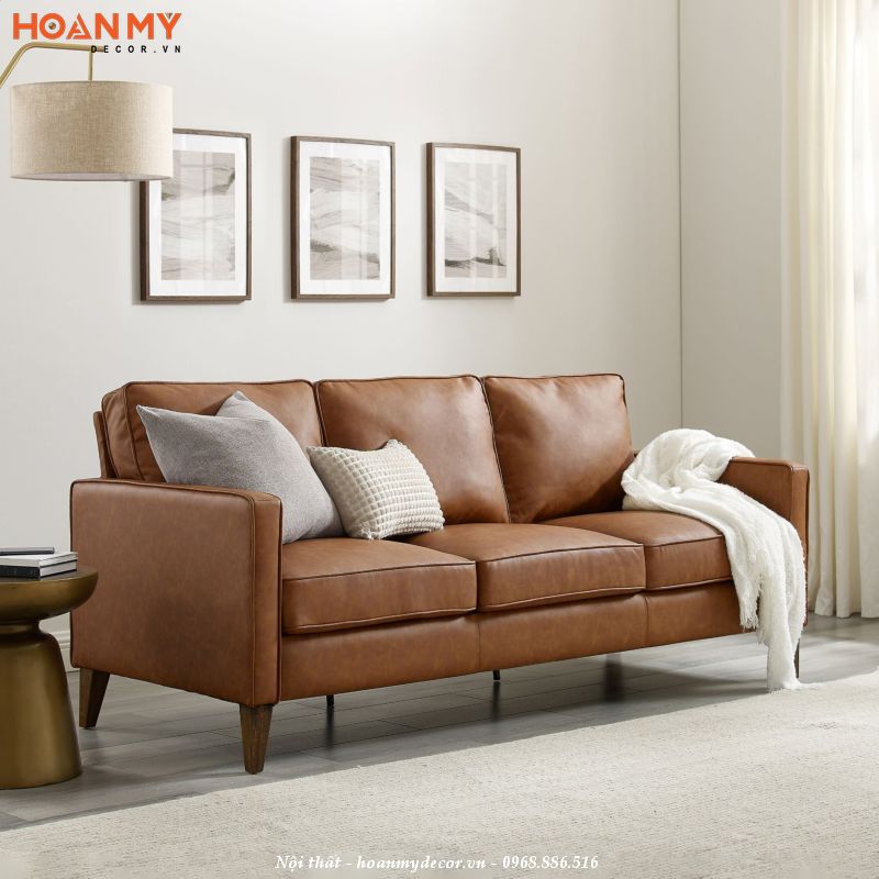 Sofa da màu nâu đất tối giản