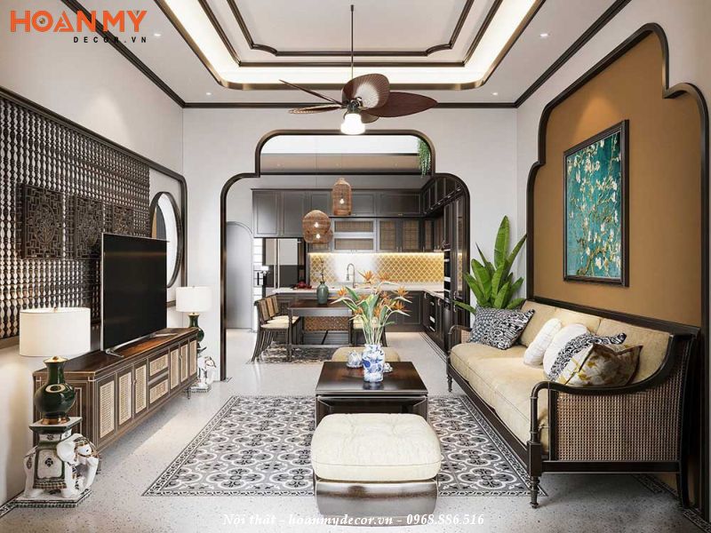 Sofa phong cách Indochine phòng khách nhà phố