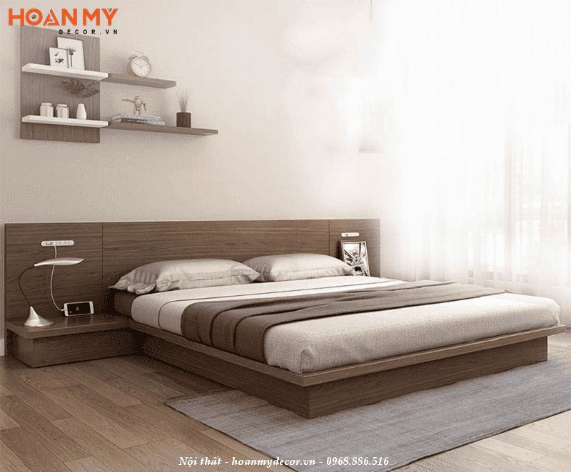 Bố trí giường ngủ gỗ công nghiệp MDF chống ẩm cho hai vợ chồng