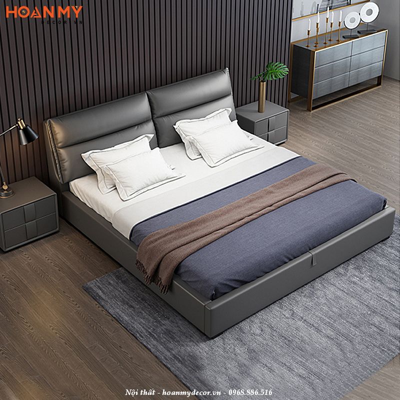 Bố trí giường ngủ gỗ công nghiệp MDF chống ẩm cho hai người bọc nệm êm ái