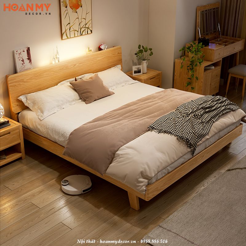 Giường ngủ đôi bằng gỗ Sồi tự nhiên tinh tế
