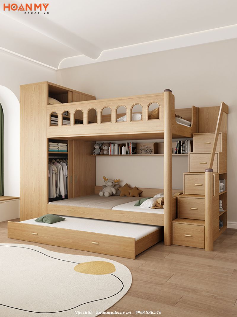 Giường tầng kết hợp tủ quần áo gỗ tự nhiên