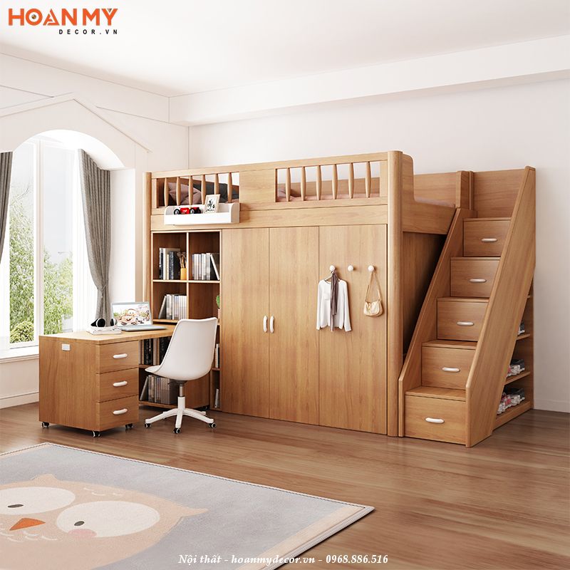 Giường tầng kết hợp tủ quần áo gỗ tự nhiên