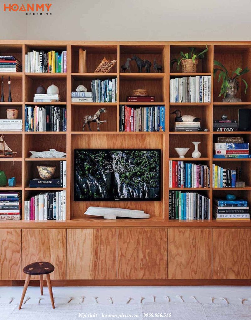 Mẫu thiết kế kệ tivi kết hợp giá sách gỗ sồi đẹp