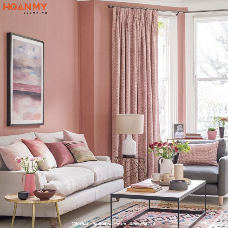 Sơn tường phòng khách màu hồng nhạt