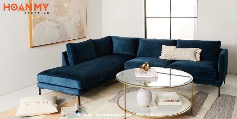 Sofa góc màu xanh bằng vải nhung