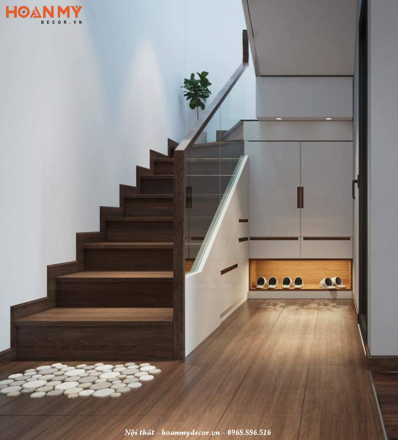 Cầu thang kết hợp tủ giày tối ưu không gian
