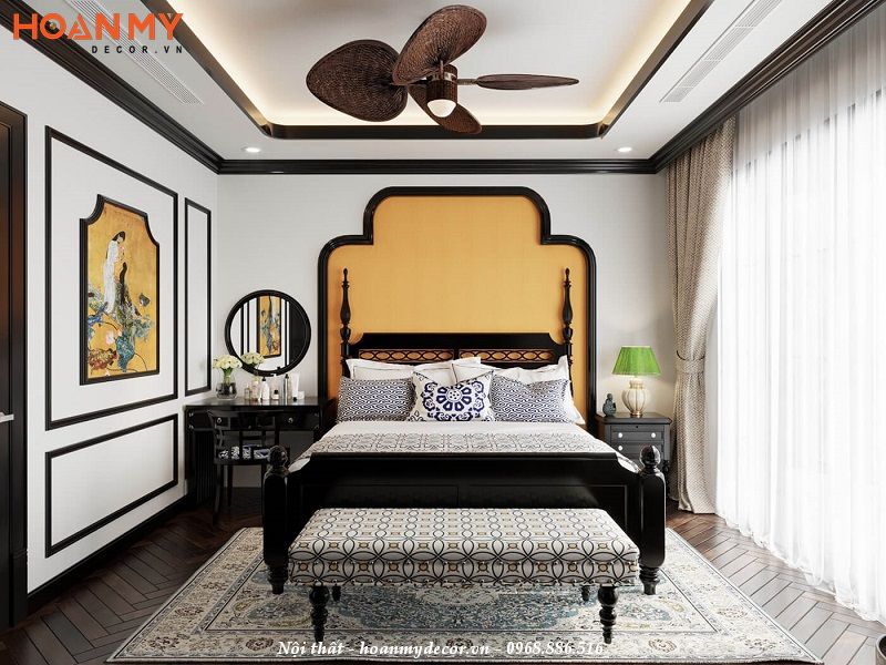 Thiết kế thi công giường ngủ phong cách Đông Dương đẹp tinh tế