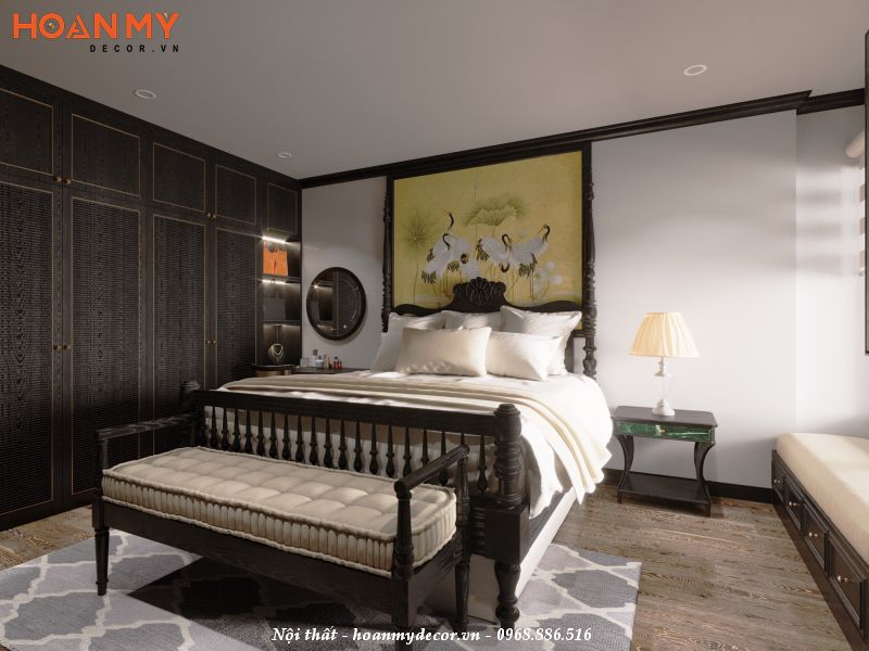 Thiết kế thi công giường ngủ phong cách Đông Dương thẩm mỹ
