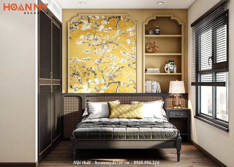 Giường có các chi tiết trang trí bằng vải như hạt nút, hoa văn truyền thống hoặc họa tiết in hình, tạo điểm nhấn sáng tạo cho giường