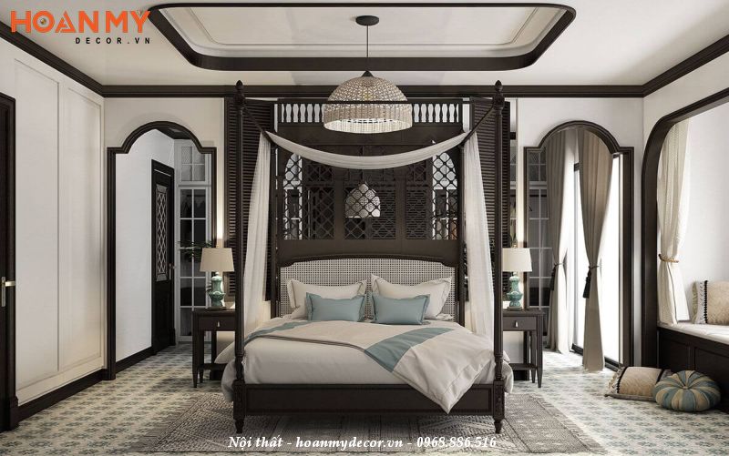 Thi công giường ngủ phong cách Đông Dương sang trọng với gỗ tự nhiên
