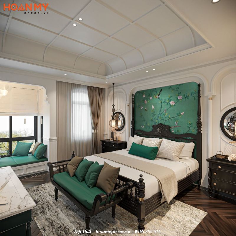 Giường ngủ phong cách Indochine thường có các họa tiết trang trí tinh xảo