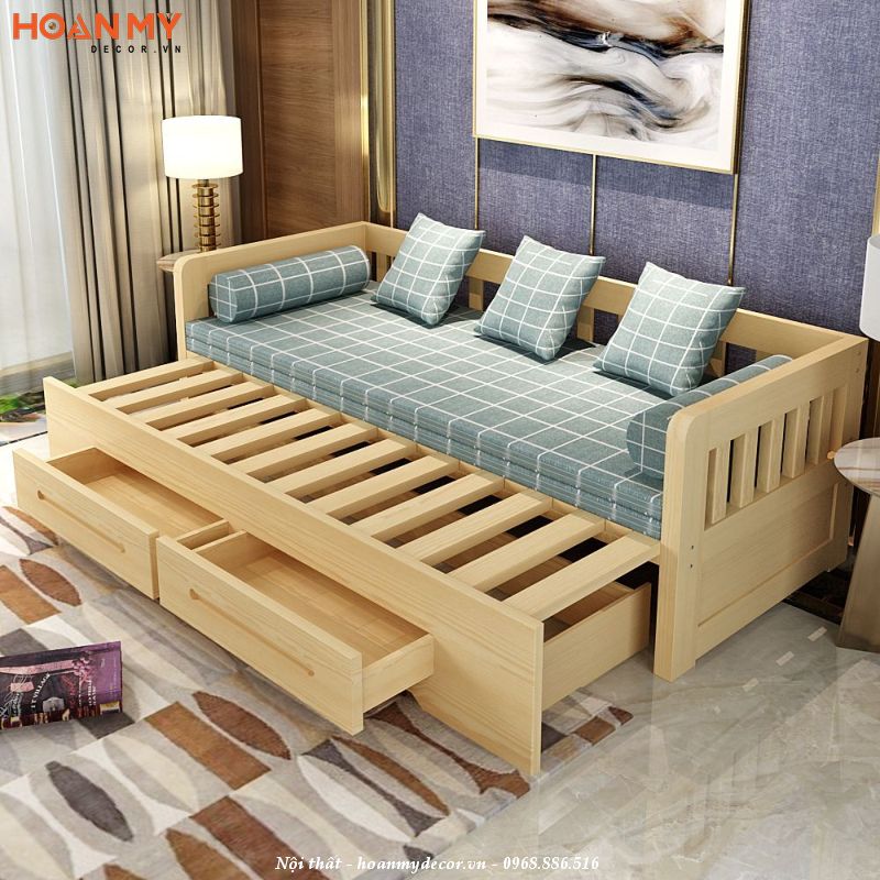 Sofa giường ngủ trong phòng khách gỗ tự nhiên