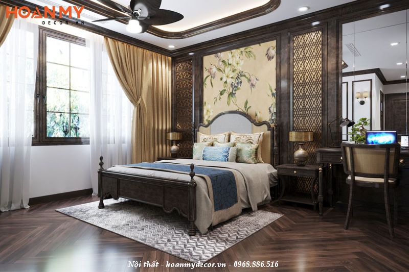 Bộ nội thất phòng ngủ master 50m2 phong cách Indochine truyền thống sang trọng, cuốn hút