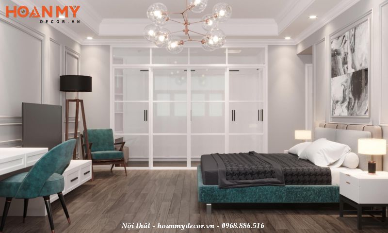 Phòng ngủ chính thiết kế rộng 50m2 phong cách tân cổ điển